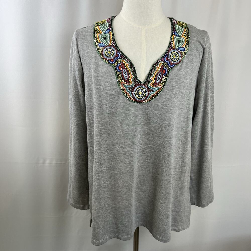 Soft Surroundings Gray Long Sleeve Vibrant Beaded V-Neck Top Womens Size XL